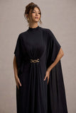 Olessia Black Belted Gathered Cape-Sleeve Maxi Dress