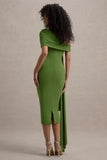 Vallea Green One-Shoulder Draped Midi Dress