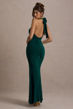 Glamour Bottle Green Backless V Plunge Halter Neck Maxi Dress With Side Split