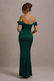 Kimberly Bottle Green Bardot Satin Maxi Dress