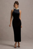 Audrine Black Velvet Embellished High-Neck Maxi Dress