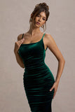 Adele Bottle Green Velvet Ruched Strappy Fishtail Maxi Dress