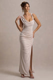 Analissa Champagne Asymmetric Draped Maxi Dress With Split