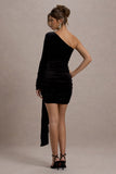 Saint Moritz Black Velvet One Sleeve Mini Dress With Flower Drape