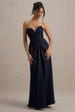 Desirie Navy Satin Sweetheart Gathered Maxi Dress