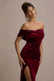 Merelyn Berry Velvet Bow Bardot Split Maxi Dress