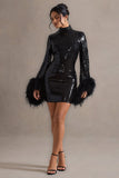 Cupid Black Sequin High-Neck Mini Dress With Feather Cuffs