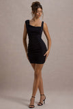 Sirena Black Asymmetric Draped Mini Dress