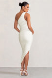 Late Night White Maternity Ruched One Shoulder Midi Dress
