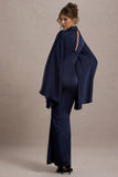 Maceline Navy Satin High-Neck Maxi Dress With Cape Sleeves