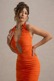 Anaisa Orange Plunge Halter-Neck Midi Dress