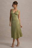 Beck Light Green Satin Plunge-Neck Cross-Back Midi Dress
