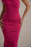 Alethea Hot Pink Asymmetric Bardot Maxi Dress
