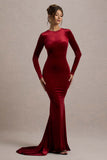Keaton Berry Velvet Long-Sleeve Open-Back Maxi Dress