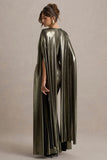 Theia Gold Metallic Cape-Sleeve Split Maxi Dress