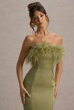 One And Only Light Green Satin Feather Trim Bandeau Midi Dress