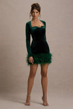 Tamsin Bottle Green Velvet Long-Sleeved Feather Mini Dress