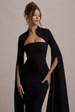 Linden Black Bodycon Cape-Sleeve Midi Dress