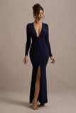 Aluna Navy Plunge-Neck Twisted Split Maxi Dress