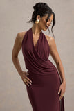 Rosina Burgundy Halter-Neck Draped Maxi Dress With Sash