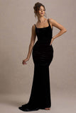 Adele Black Velvet Ruched Strappy Fishtail Maxi Dress