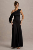 Nicola Black Satin Asymmetric Bardot Draped Maxi Dress