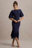 Ashling Navy Flutter-Sleeve Hanky-Hem Midi Dress