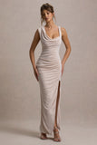Analissa Champagne Asymmetric Draped Maxi Dress With Split