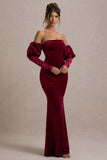 Neoma Berry Velvet Bardot Puff-Sleeve Maxi Dress