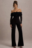 Celebrate Black Bardot Long-Sleeved Flared-Leg Jumpsuit With Flowers