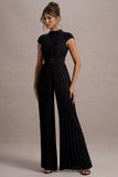 Tanner Black Cap-Sleeve Plisse Wide-Leg Jumpsuit
