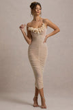 Jesi Cream Mesh Ruched Midi Dress With Ruffles