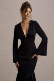Rehna Black Plunge-Neck Bell-Sleeve Midi Dress