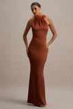 Bianca Rust Satin Feather-Trim Maxi Dress