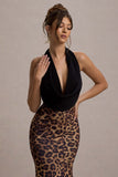 Krystal Animal Print Deep Plunge-Neck Maxi Dress