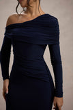 Valina Navy Ruched Asymmetric Maxi Dress With Drape