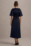 Danna Navy Satin V-Neck Short-Sleeve Midi Dress