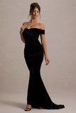 Apolline Black Velvet Off The Shoulder Ruched Fishtail Maxi Dress