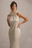 Bianca Champagne Satin Feather-Trim Maxi Dress