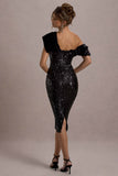 Volute Black Sequin One-Shoulder Draped Midi Dress