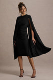 Marysol Black Asymmetric Cape Midi Dress