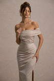 Martine Champagne Satin Bardot Wrap Maxi Dress