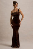 Neeka Brown Velvet Twisted Asymmetric Maxi Dress