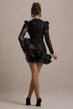 Myka Black Sequin Long-Sleeve Ruffle Hem Mini Dress