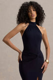 Sable Navy Halter-Neck Twist Maxi Dress