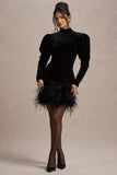 Issa Black Velvet Long-Sleeve Mini Dress With Feather Trim