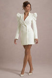 Landon Off-White Tailored Blazer Mini Dress With Puff Sleeves
