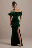 Esmeralda Bottle Green Velvet Structured Ruffled Bardot Maxi Dress