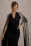 Ilenia Black V-Neck Maxi Dress With Metallic Cape