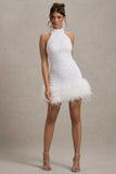 Lumi White Sequin High-Neck Feather Trim Mini Dress
